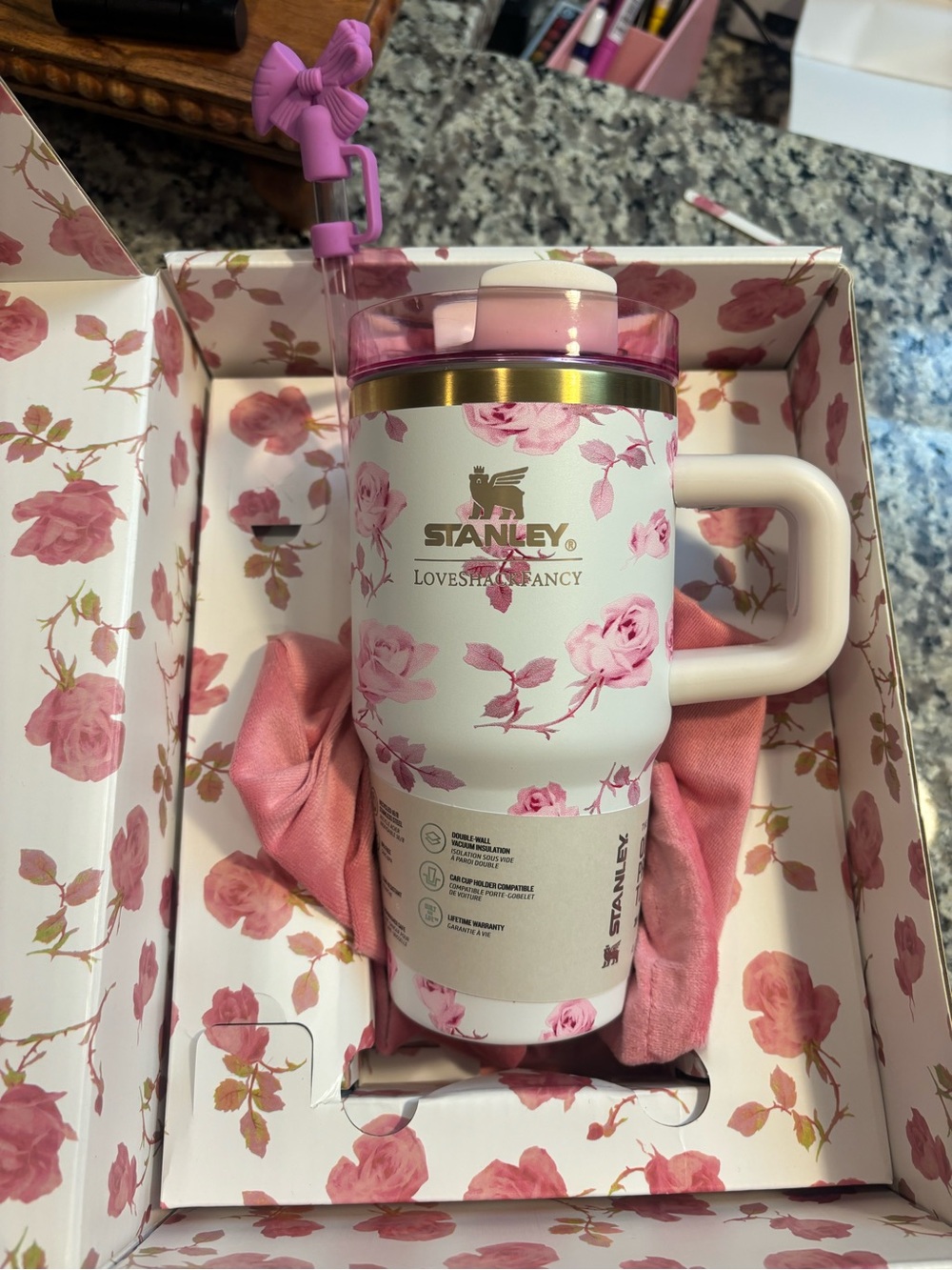 Stanley White and Pink Floral Insulated Travel Mug with Handle